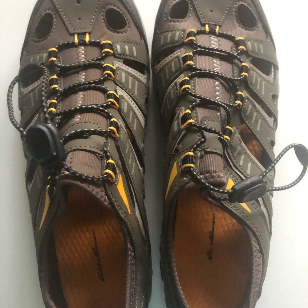 NWOT Eddie Bauer men’s Brown and Yellow Outdoor Sandals - Picture 2 of 12